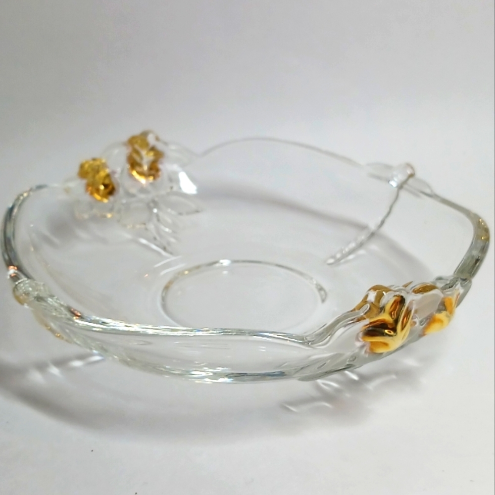 Crystal Mikasa Serving Platter Gold Rose Satin Glass Floral 12 In